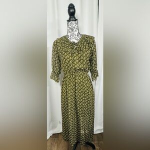 Olive Green Floral Long-Sleeve Midi Dress